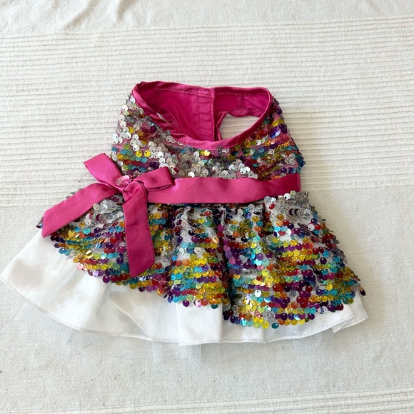 Build A Bear Sequin Dress Multicolor Sparkly Ruffle Pink Bow Dress - Picture 4 of 7